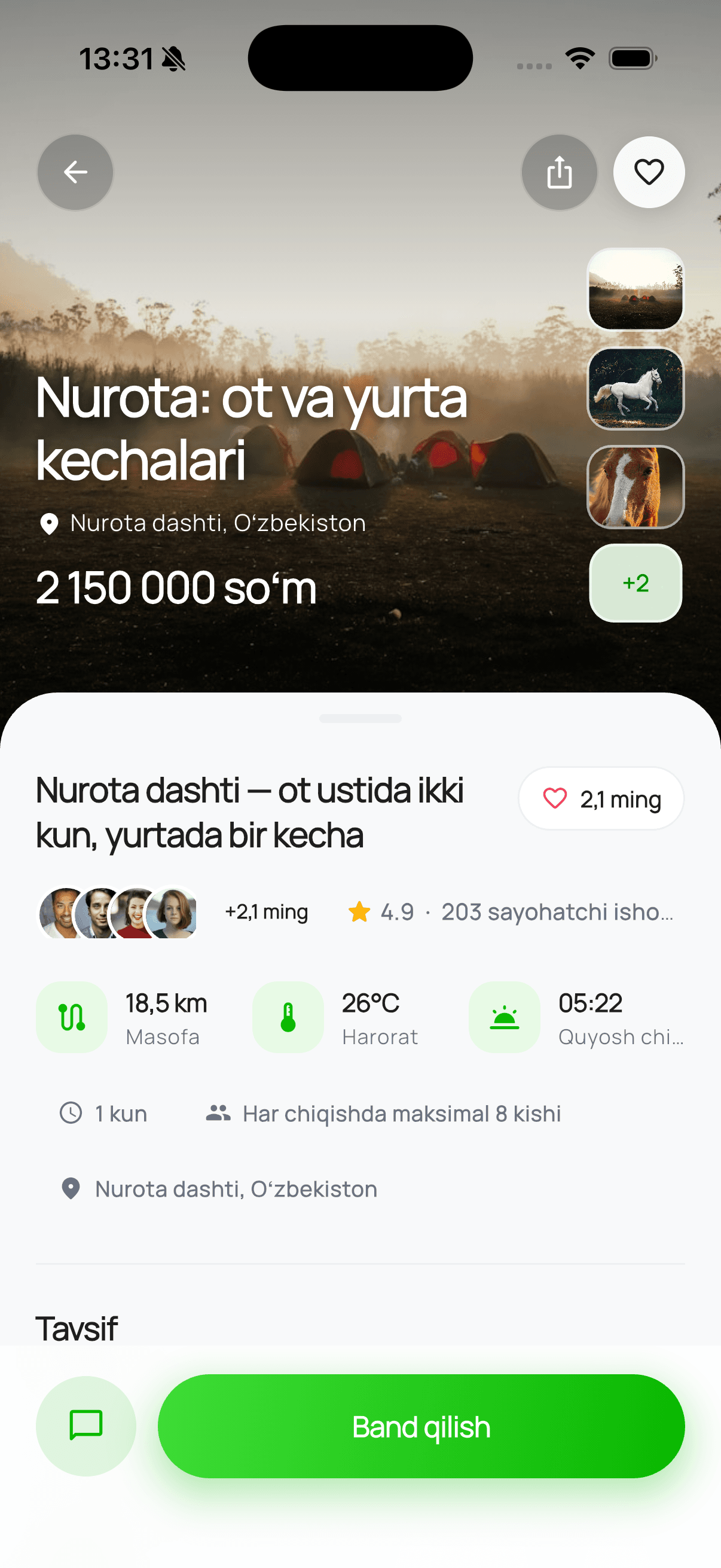 GOmi ilovasining ekran koʻrinishi — Sayohat sahifasi